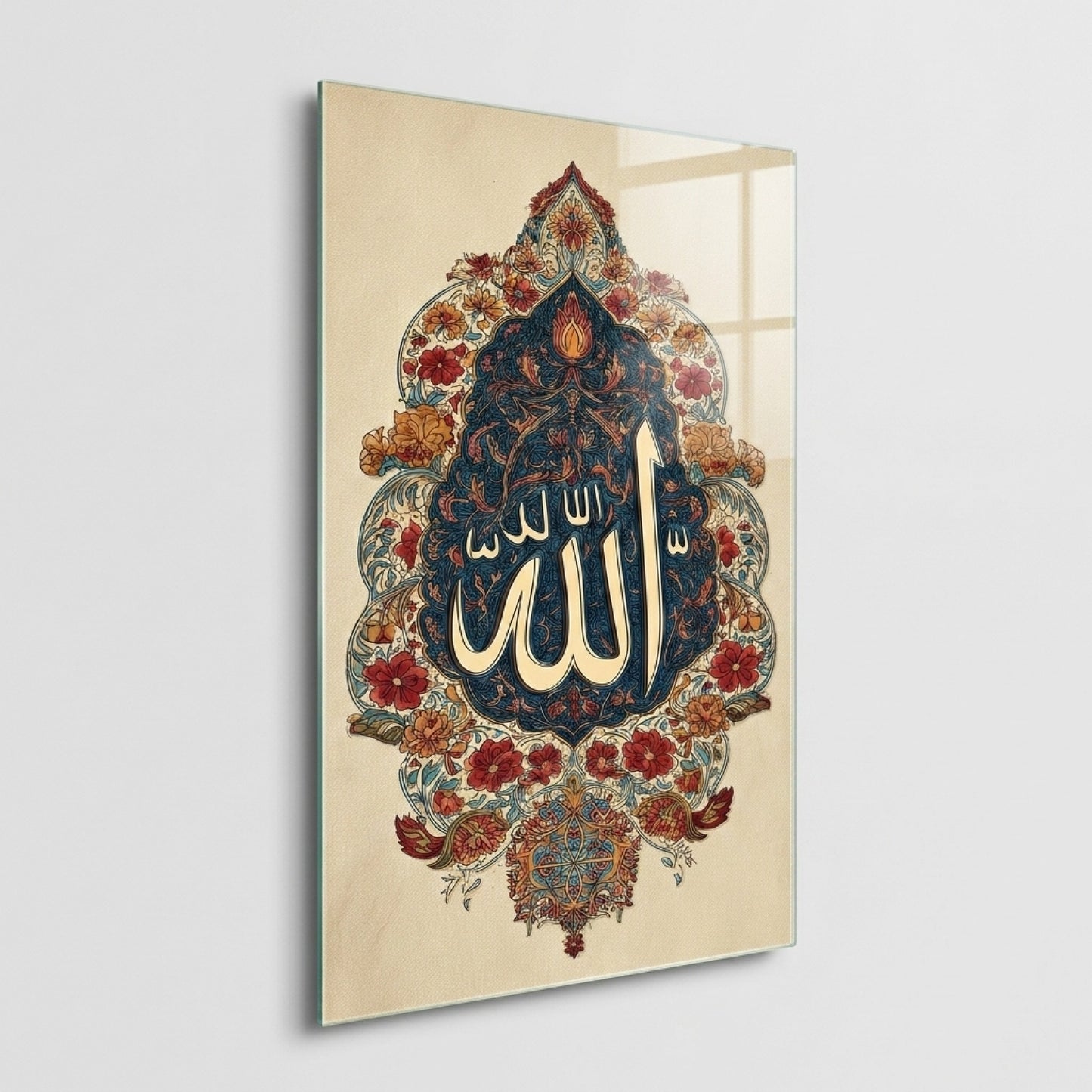 Allah Lafzı Tezhip Sanatı Osmanlı Motifi Dikey Cam Tablo