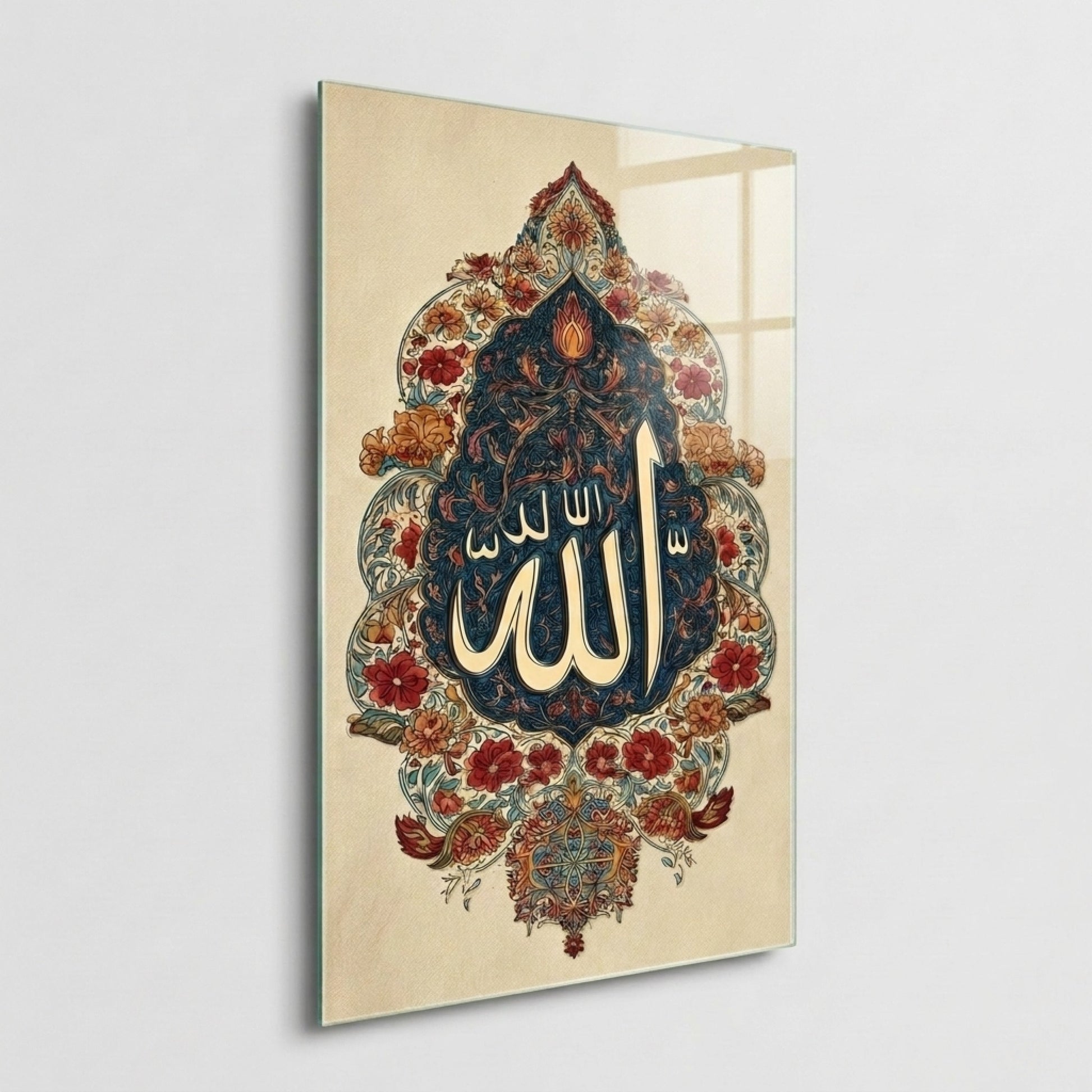 Allah Lafzı Tezhip Sanatı Osmanlı Motifi Dikey Cam Tablo