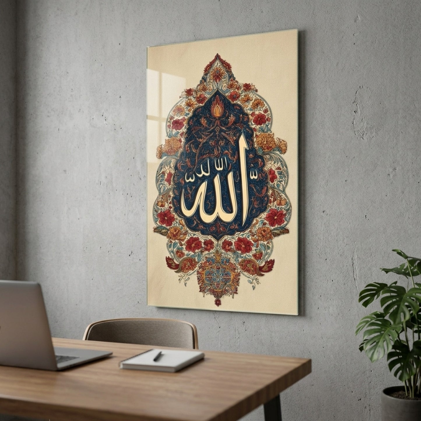 Allah Lafzı Tezhip Sanatı Osmanlı Motifi Dikey Cam Tablo