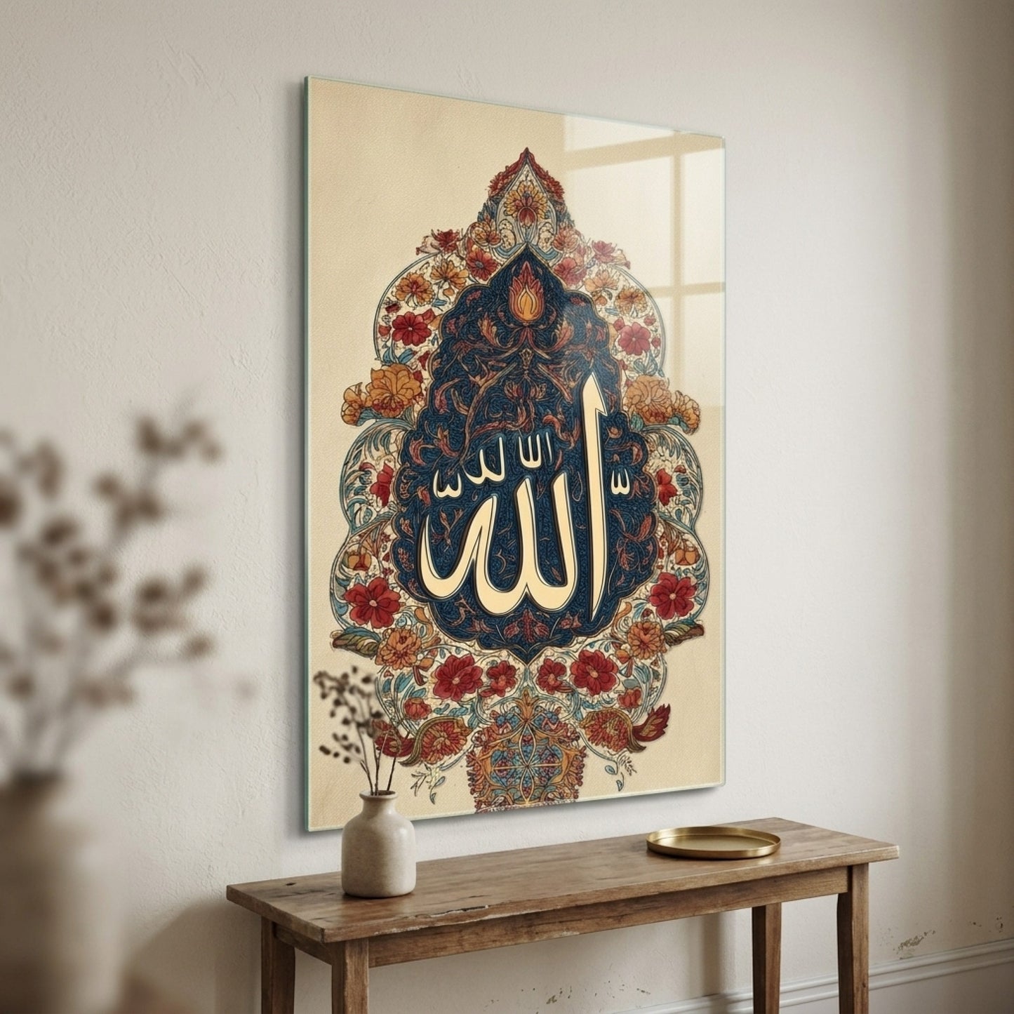 Allah Lafzı Tezhip Sanatı Osmanlı Motifi Dikey Cam Tablo