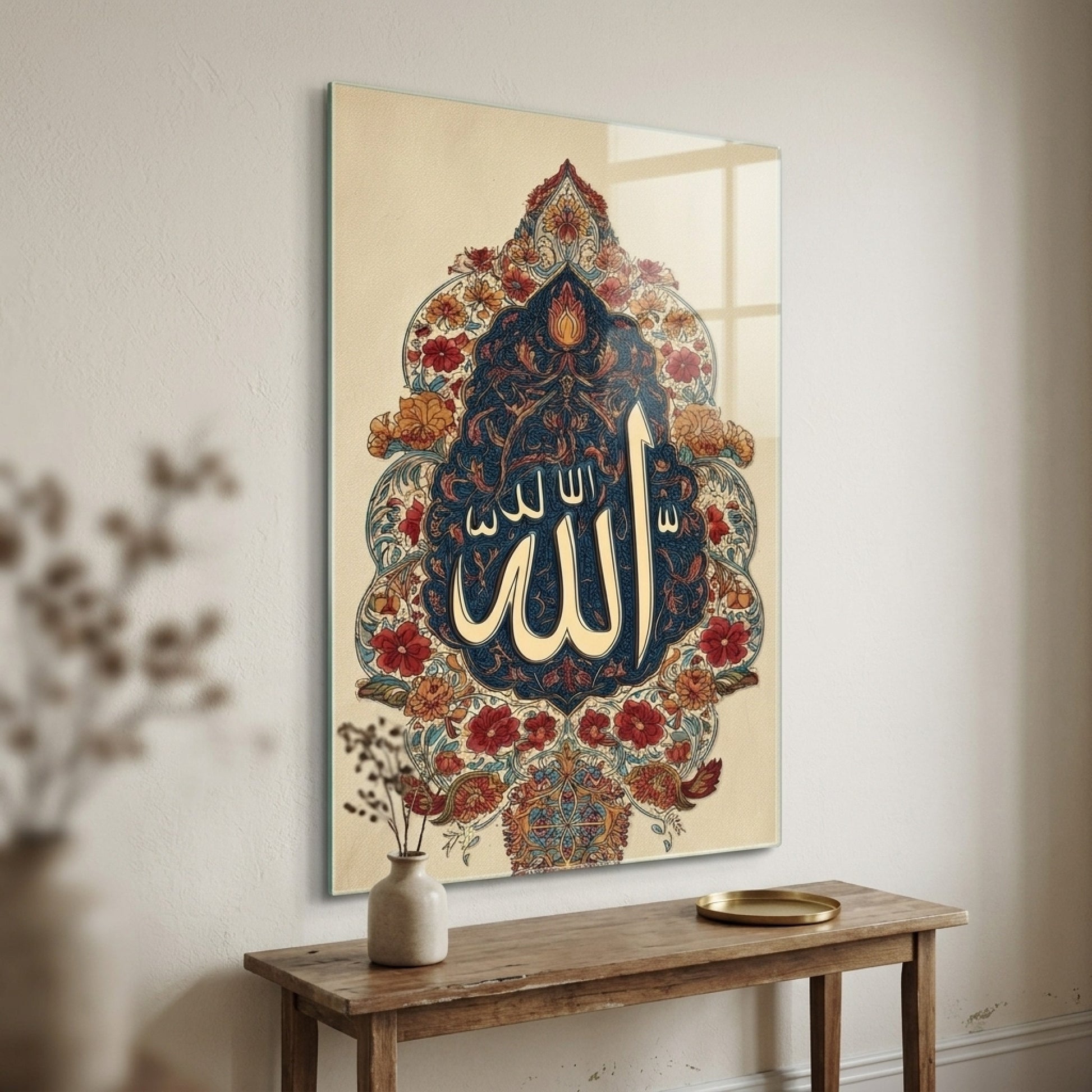 Allah Lafzı Tezhip Sanatı Osmanlı Motifi Dikey Cam Tablo