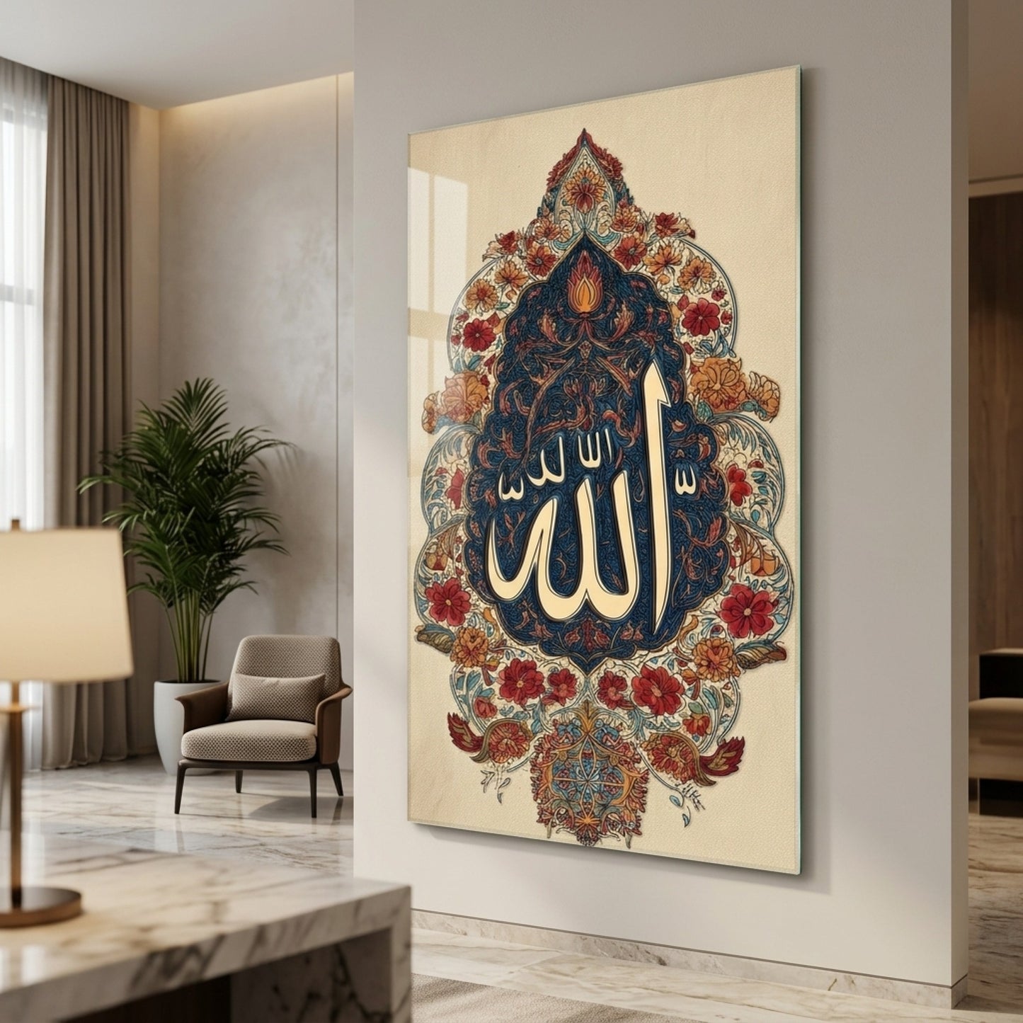 Allah Lafzı Tezhip Sanatı Osmanlı Motifi Dikey Cam Tablo
