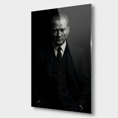 Atatürk Portresi Siyah Beyaz Dikey Cam Tablo