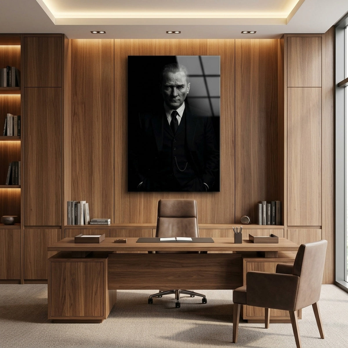 Atatürk Portresi Siyah Beyaz Dikey Cam Tablo