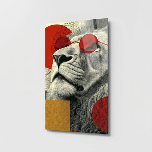 Modern Kirmizi Gozluklu Aslan Sanat Calismasi Dikey Cam Tablo