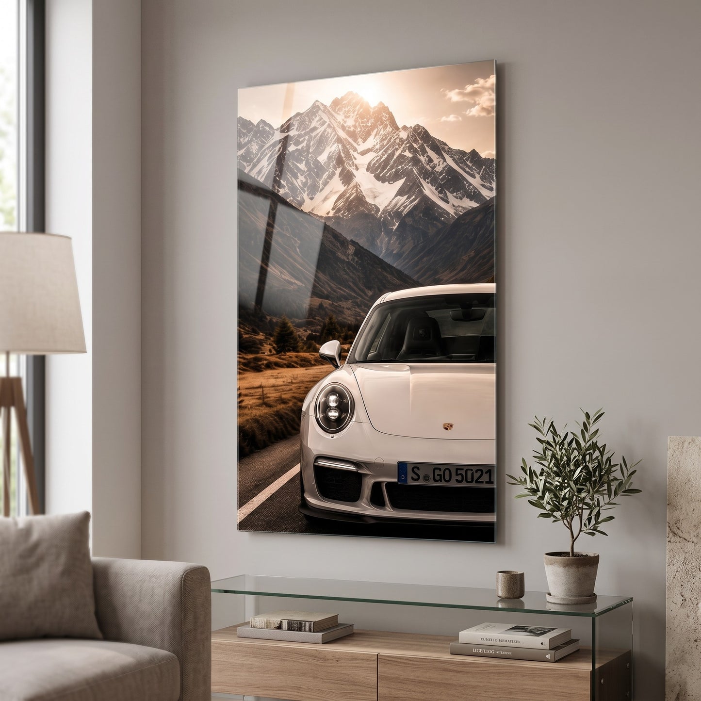 Porsche ve Karlı Dağ Manzarası Dikey Cam Tablo