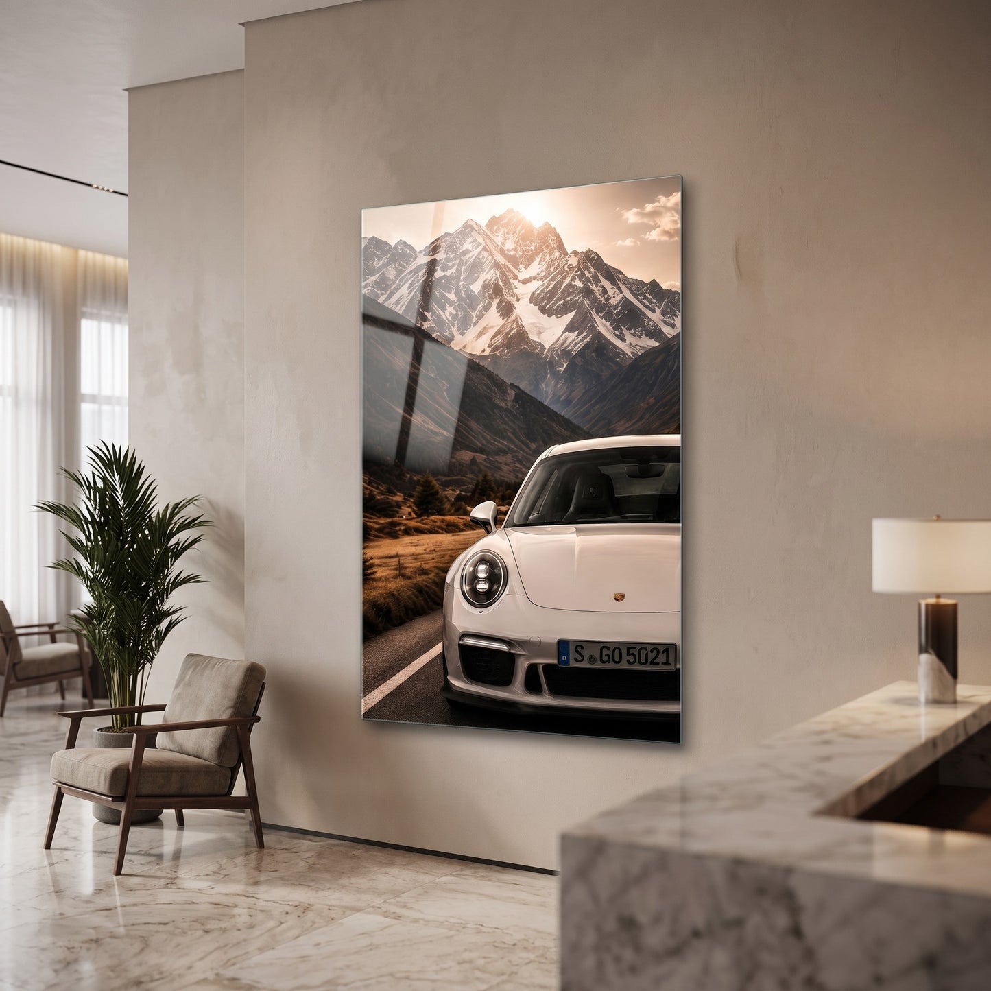 Porsche ve Karlı Dağ Manzarası Dikey Cam Tablo