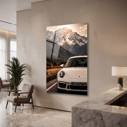 Porsche ve Karlı Dağ Manzarası Dikey Cam Tablo