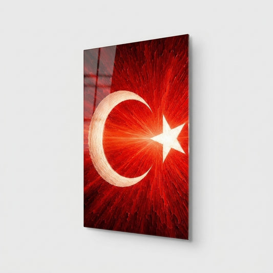 Sanatsal Dokulu Türk Bayrağı Ay Yıldız Dikey Cam Tablo