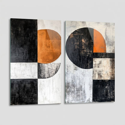 Modern Geometrik Soyut Dokulu Kompozisyon Dikey 2'li Set Cam Tablo