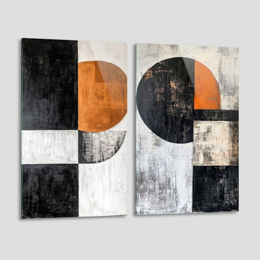 Modern Geometrik Soyut Dokulu Kompozisyon Dikey 2'li Set Cam Tablo