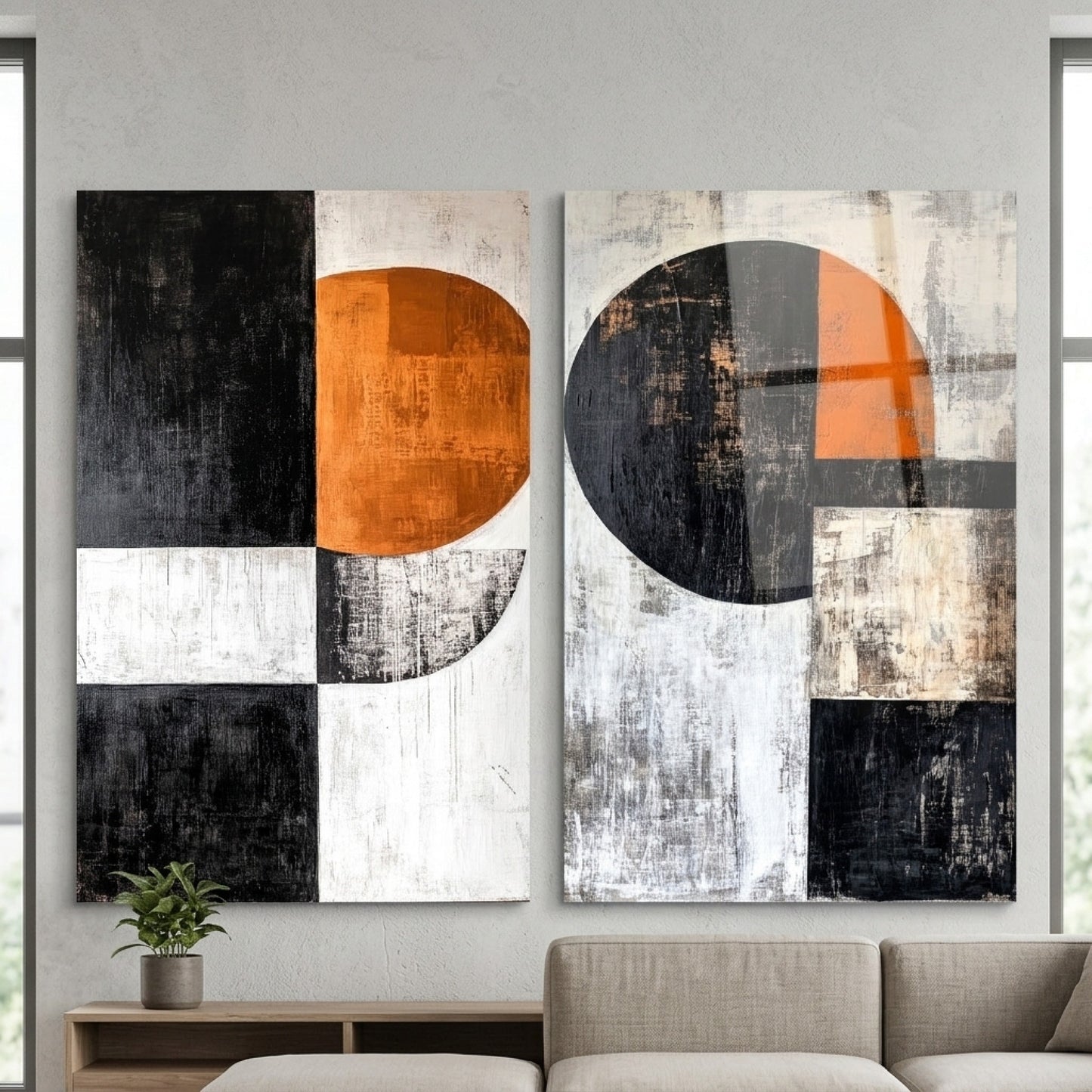 Modern Geometrik Soyut Dokulu Kompozisyon Dikey 2'li Set Cam Tablo