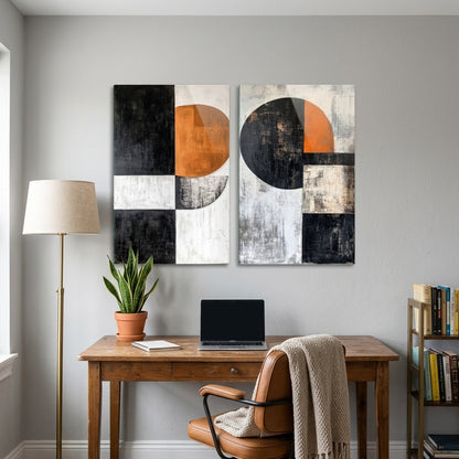 Modern Geometrik Soyut Dokulu Kompozisyon Dikey 2'li Set Cam Tablo