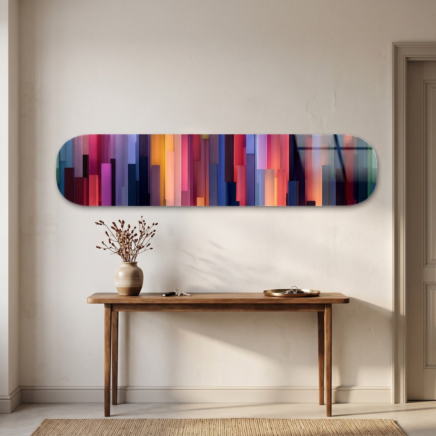 Renkli Geometrik Sutunlar Paneli Skate Board Yatay Cam Tablo