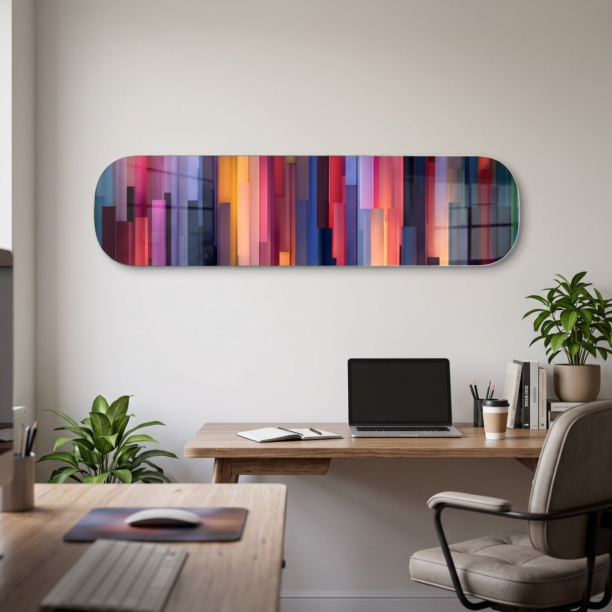 Renkli Geometrik Sutunlar Paneli Skate Board Yatay Cam Tablo