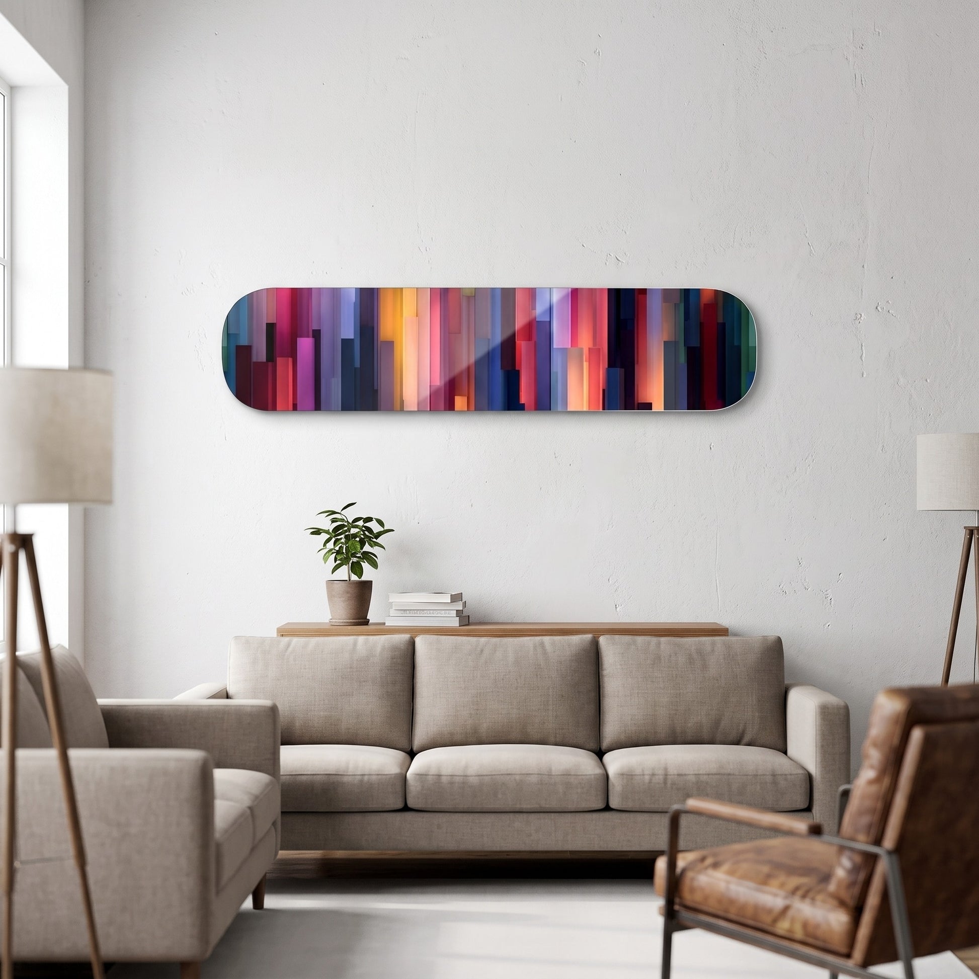 Renkli Geometrik Sutunlar Paneli Skate Board Yatay Cam Tablo