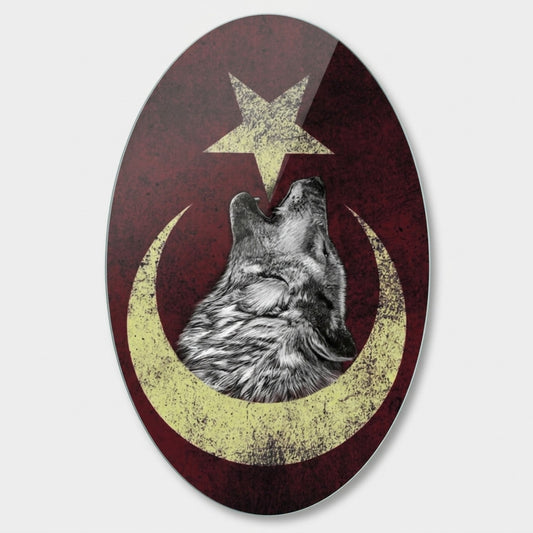 Ulu Bozkurt ve Ay Yıldız Vintage Amblem Oval Dikey Cam Tablo