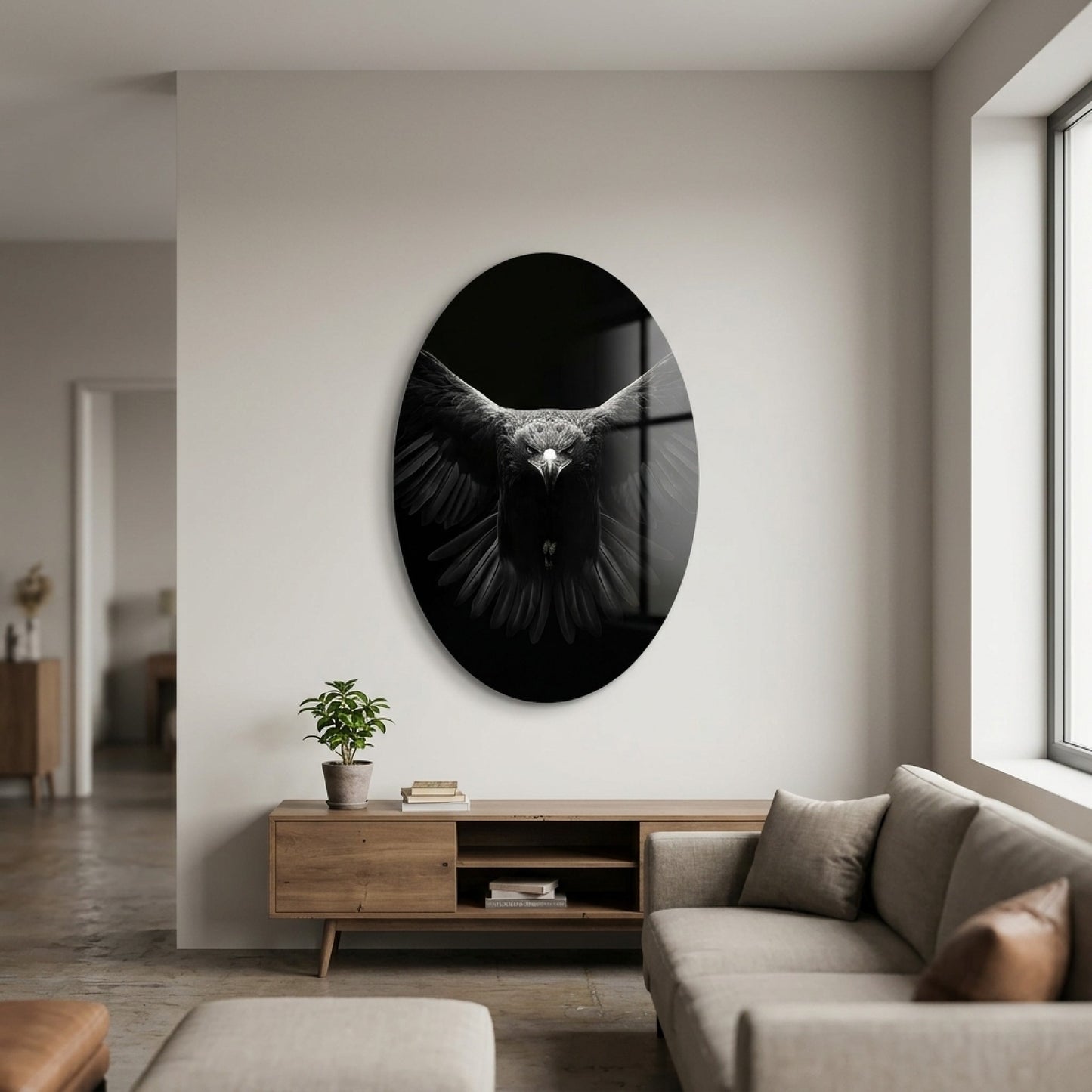 Siyah Beyaz Kartal Duvar Dekoru Oval Dikey Cam Tablo