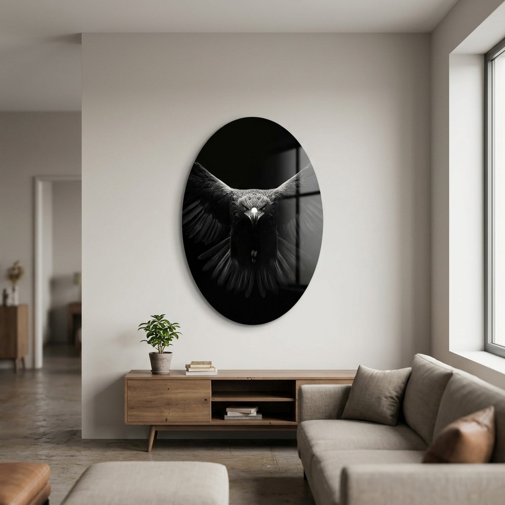 Siyah Beyaz Kartal Duvar Dekoru Oval Dikey Cam Tablo