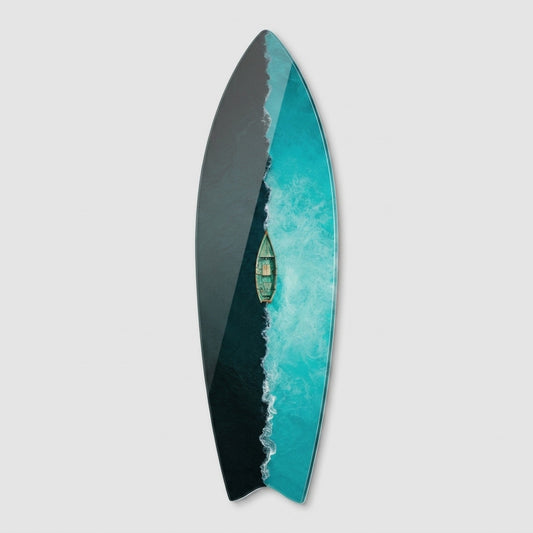 Koyu Turkuaz Deniz Kontrastı Tekne Manzarası Surf Board Cam Tablo