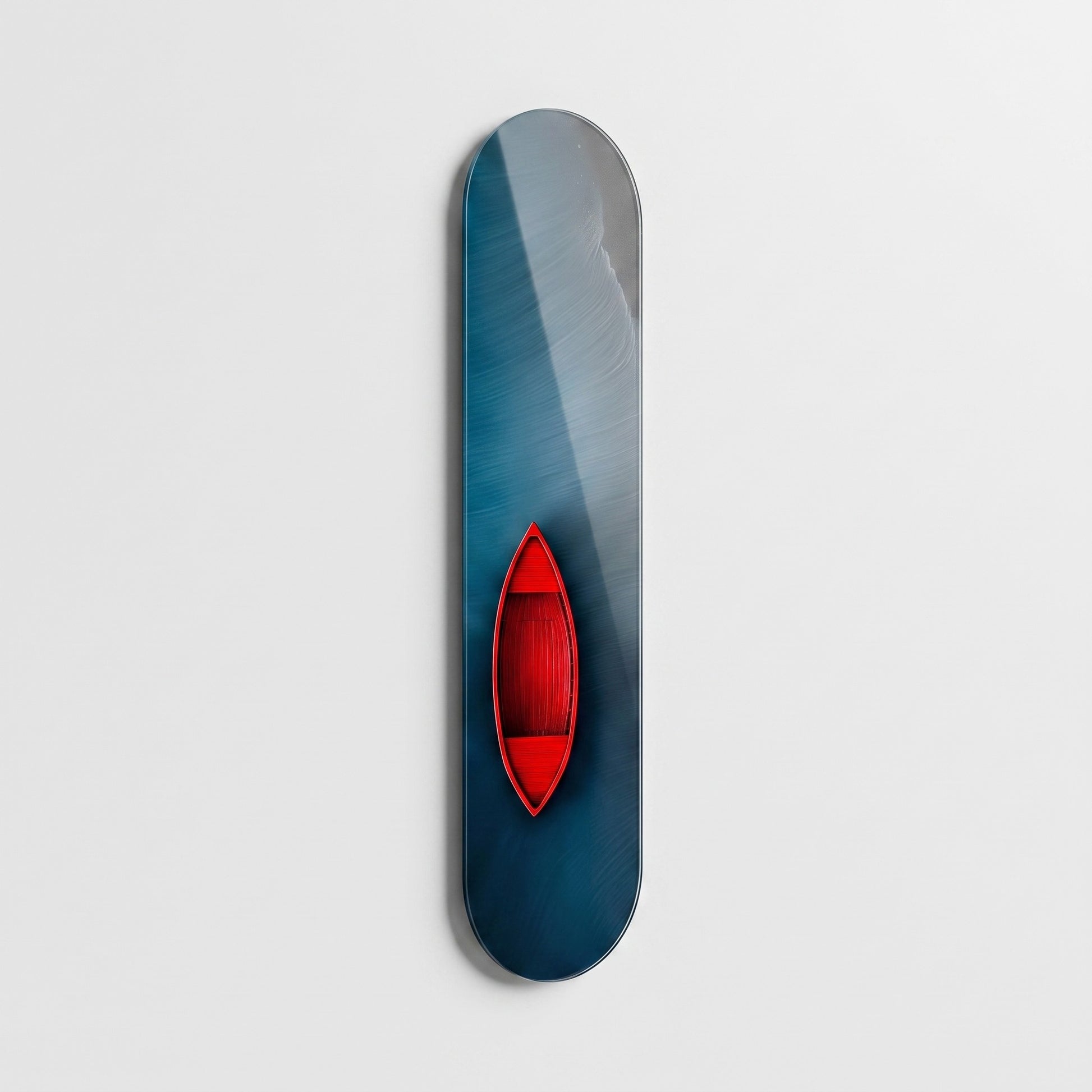 Derin Mavi Denizde Kırmızı Sandal Manzarası Skate Board Cam Tablo