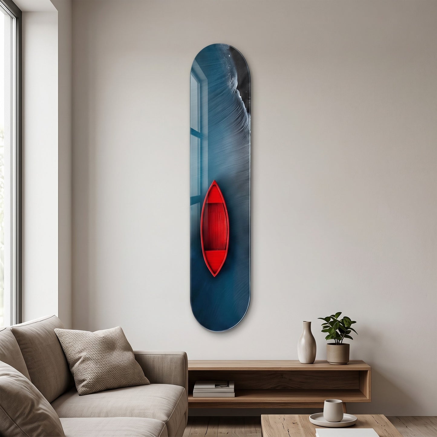 Derin Mavi Denizde Kırmızı Sandal Manzarası Skate Board Cam Tablo