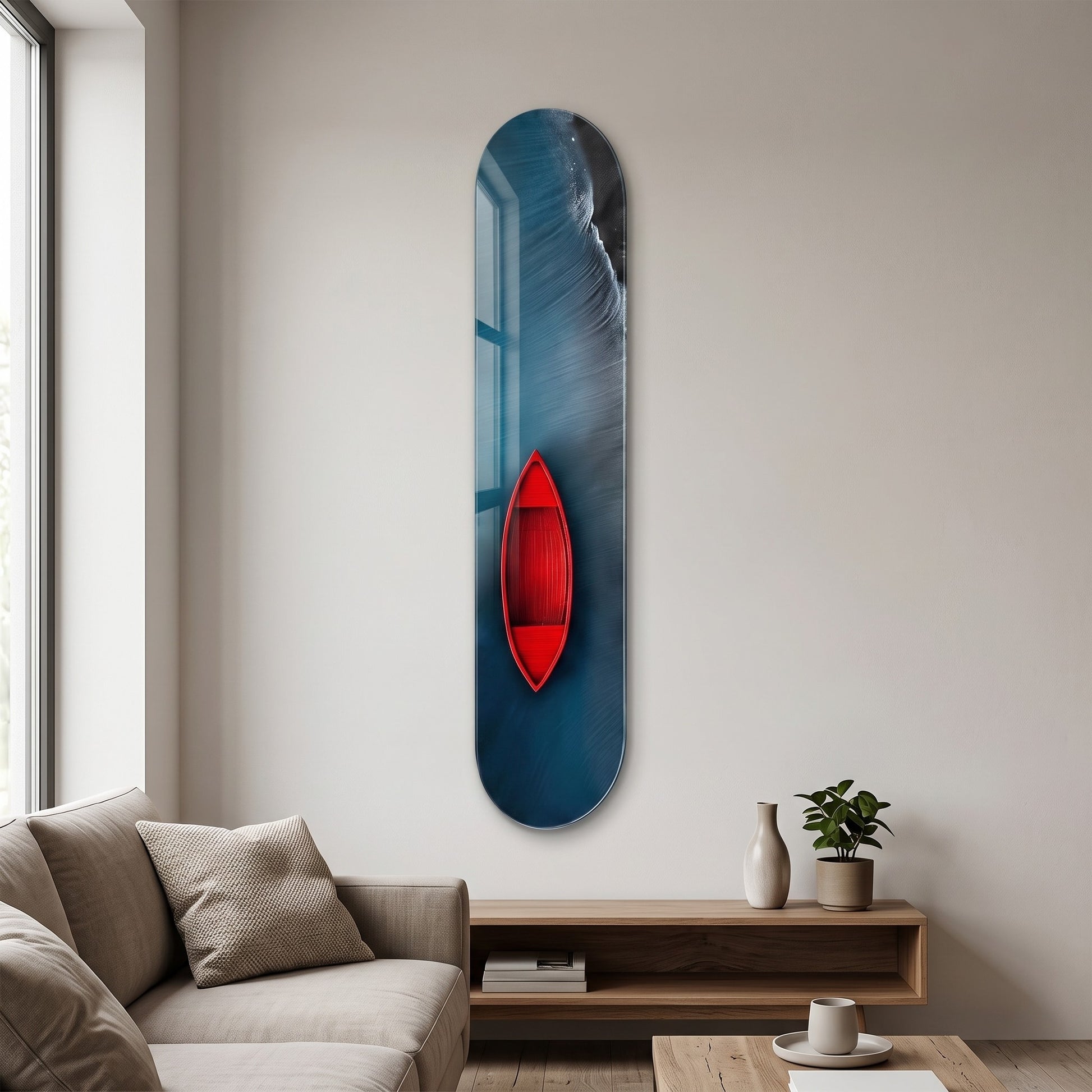 Derin Mavi Denizde Kırmızı Sandal Manzarası Skate Board Cam Tablo