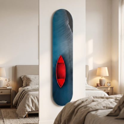 Derin Mavi Denizde Kırmızı Sandal Manzarası Skate Board Cam Tablo