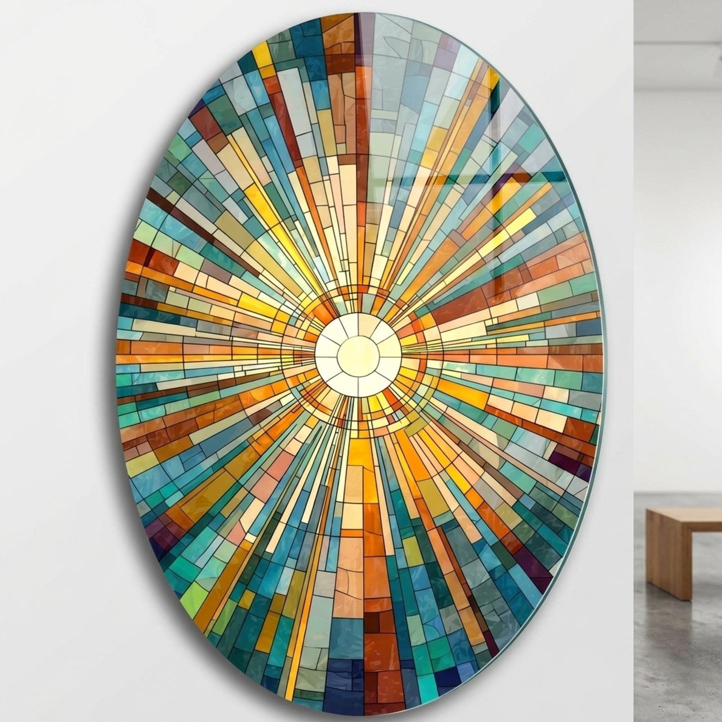 Renkli Geometrik Vitray Güneş Deseni Oval Dikey Cam Tablo