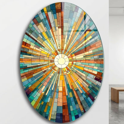 Renkli Geometrik Vitray Güneş Deseni Oval Dikey Cam Tablo