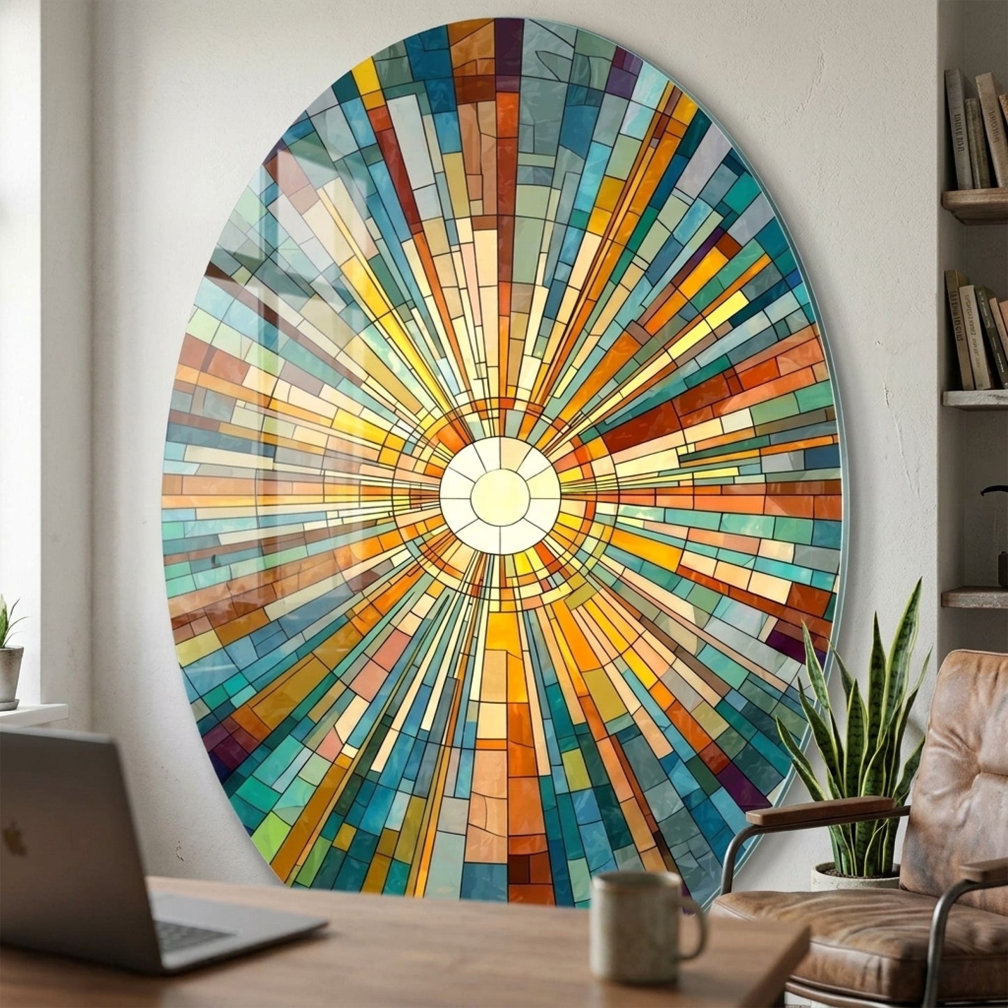 Renkli Geometrik Vitray Güneş Deseni Oval Dikey Cam Tablo