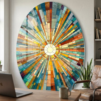Renkli Geometrik Vitray Güneş Deseni Oval Dikey Cam Tablo