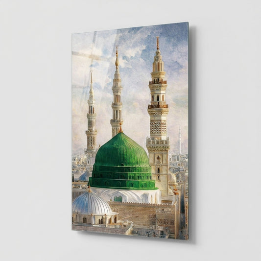 Medine Yeşil Kubbe ve Minareler Yağlı Boya Dikey Cam Tablo