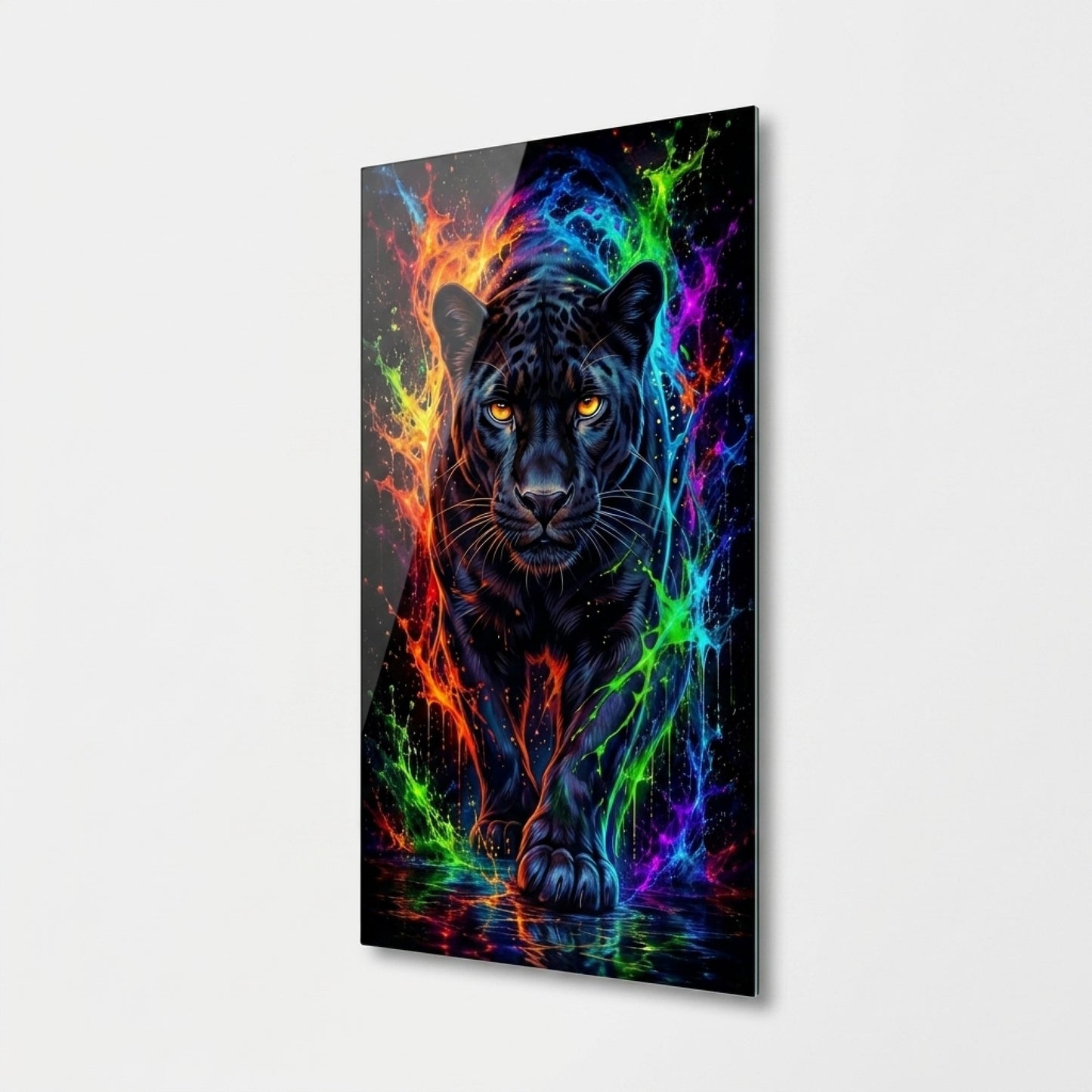 Neon Renkli Sıçramalı Siyah Panter Dikey Cam Tablo