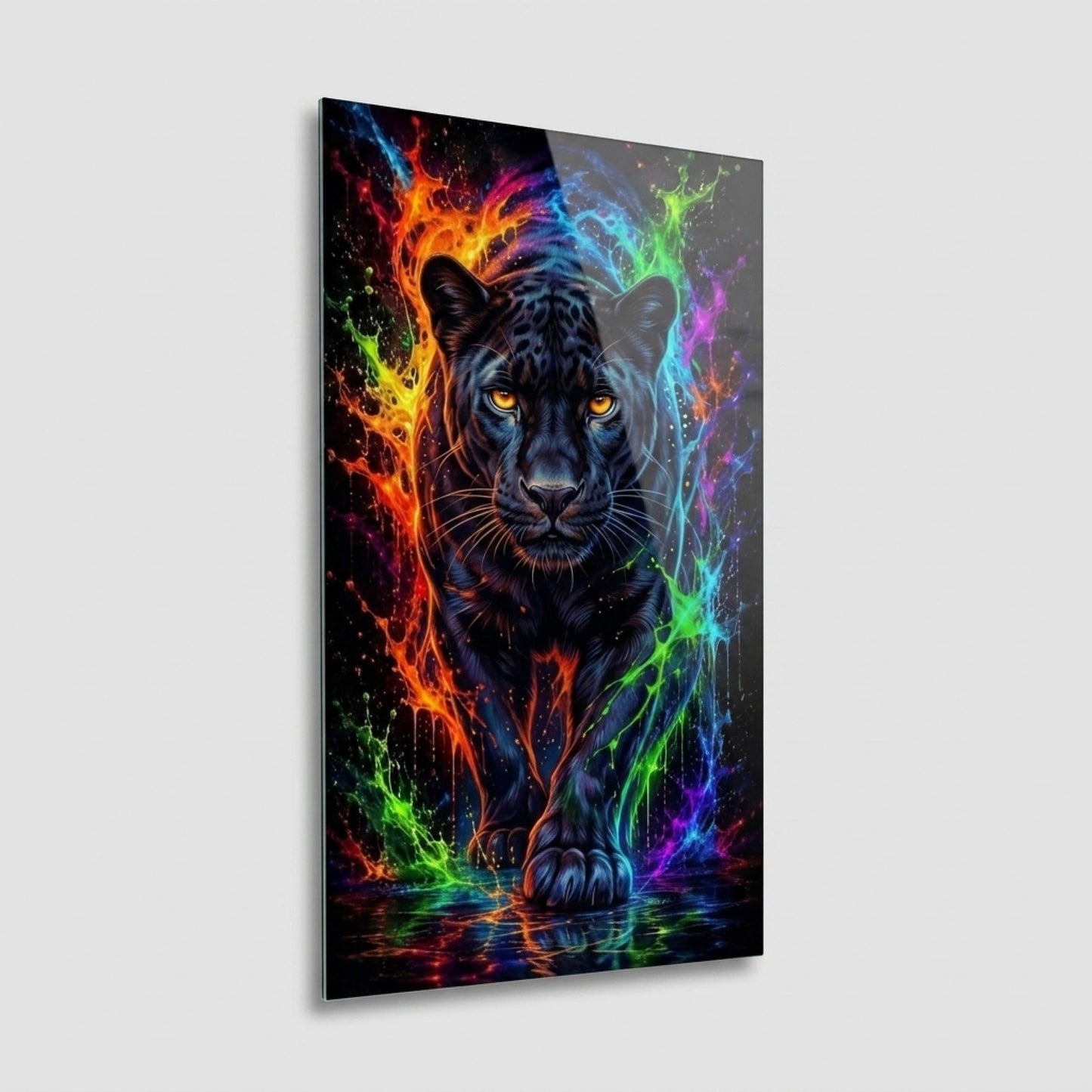 Neon Renkli Sıçramalı Siyah Panter Dikey Cam Tablo
