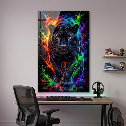 Neon Renkli Sıçramalı Siyah Panter Dikey Cam Tablo