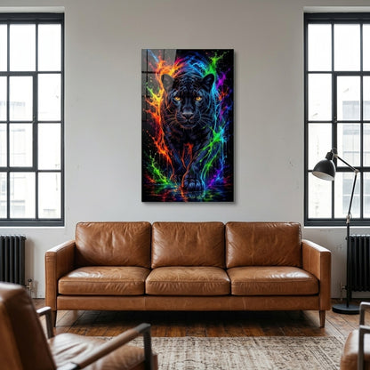 Neon Renkli Sıçramalı Siyah Panter Dikey Cam Tablo