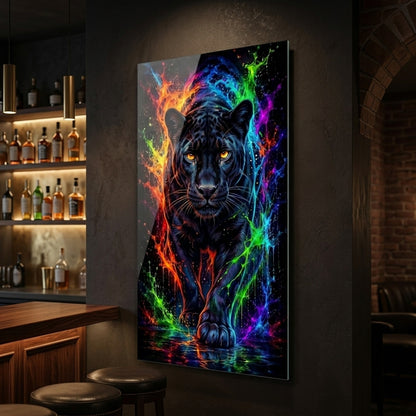 Neon Renkli Sıçramalı Siyah Panter Dikey Cam Tablo