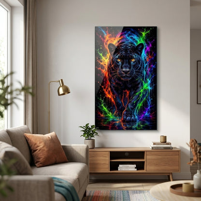 Neon Renkli Sıçramalı Siyah Panter Dikey Cam Tablo