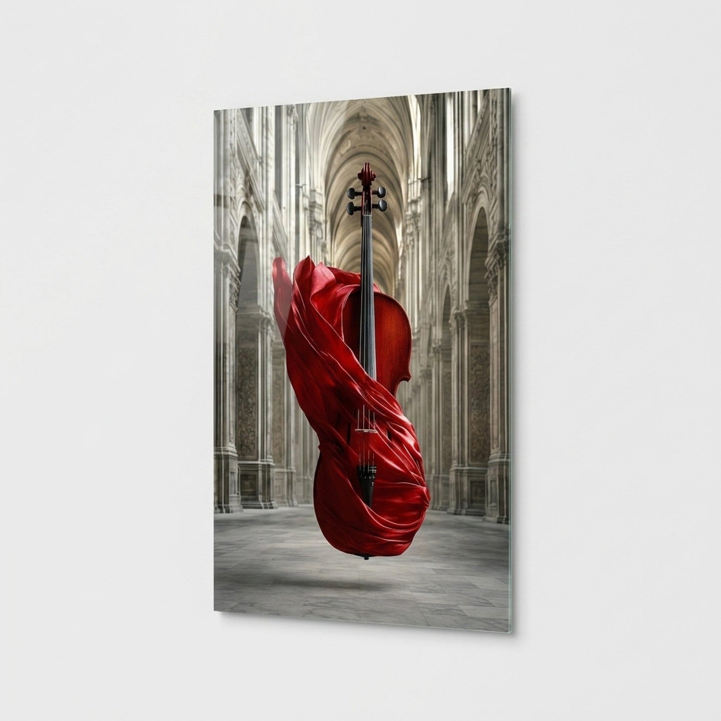 Kırmızı Kumaşlı Çello Gotik Kilise Dikey Cam Tablo