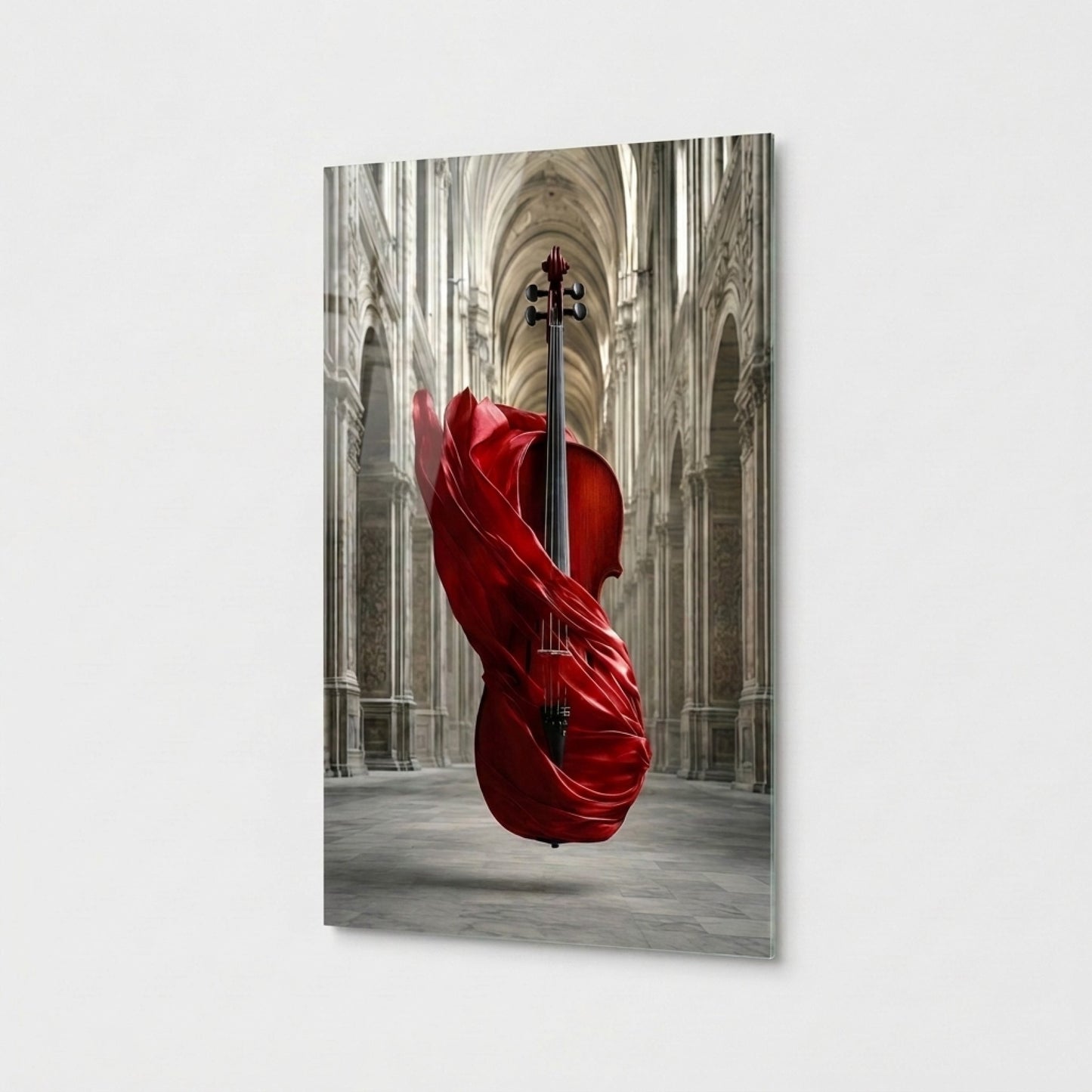Kırmızı Kumaşlı Çello Gotik Kilise Dikey Cam Tablo