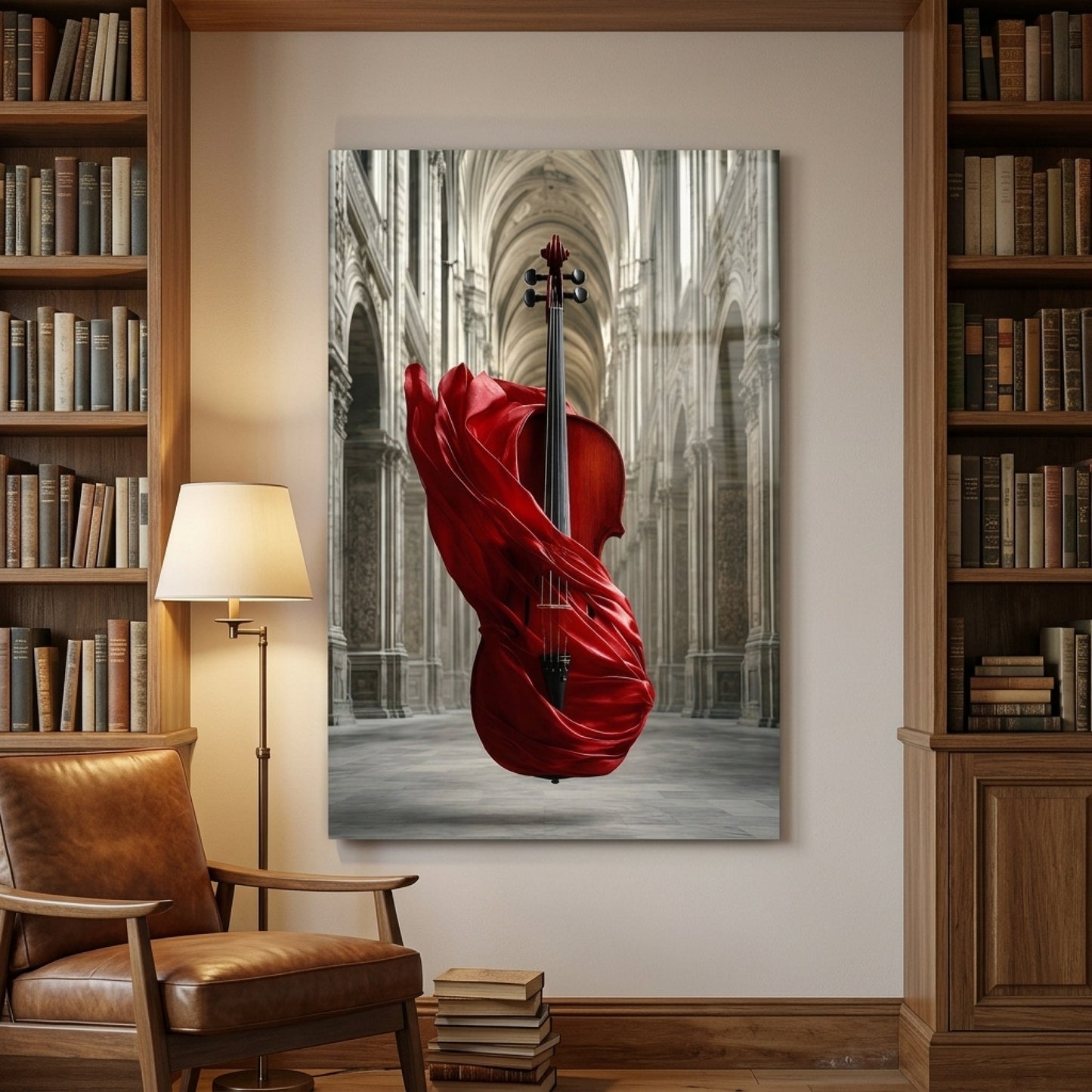 Kırmızı Kumaşlı Çello Gotik Kilise Dikey Cam Tablo
