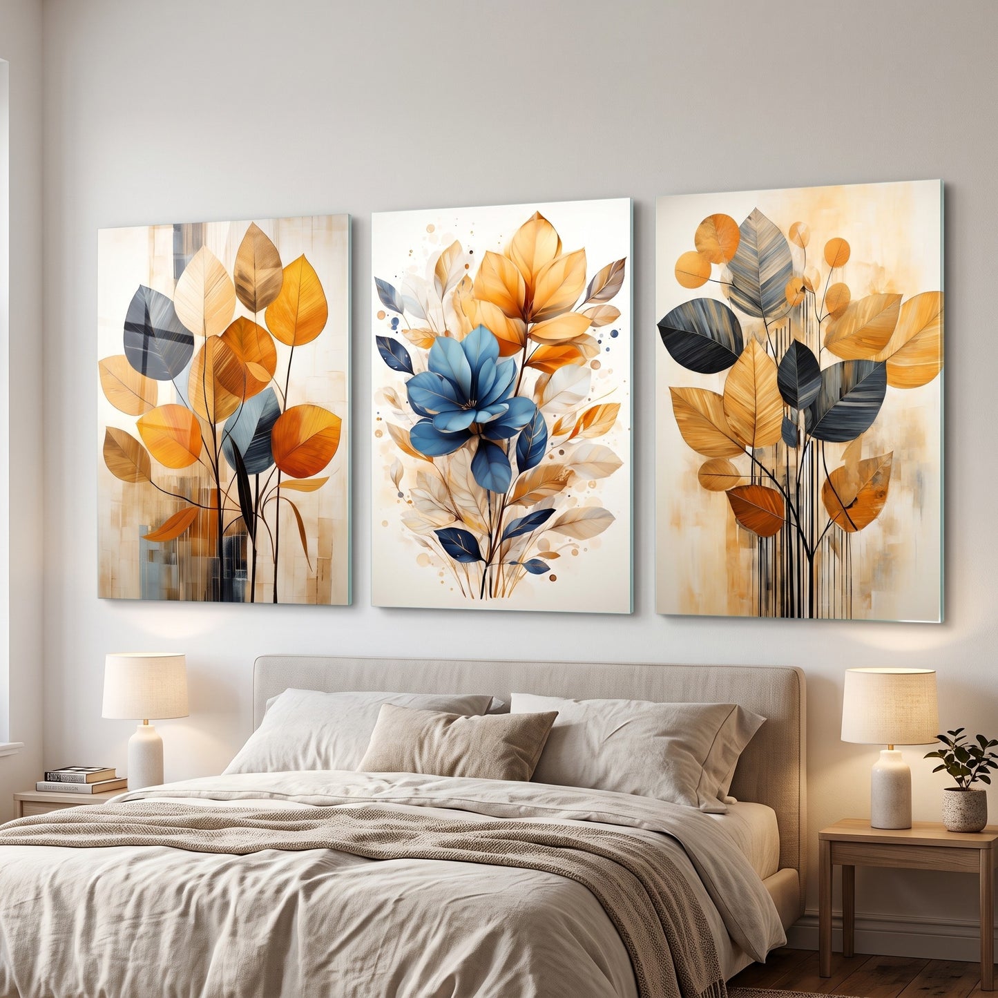 Modern Altın ve Mavi Yapraklar Çoklu Seti Dikey 3'lü Set Cam Tablo