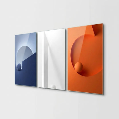 Modern Geometrik Formlar Seti Dikey 3'lü Set Cam Tablo