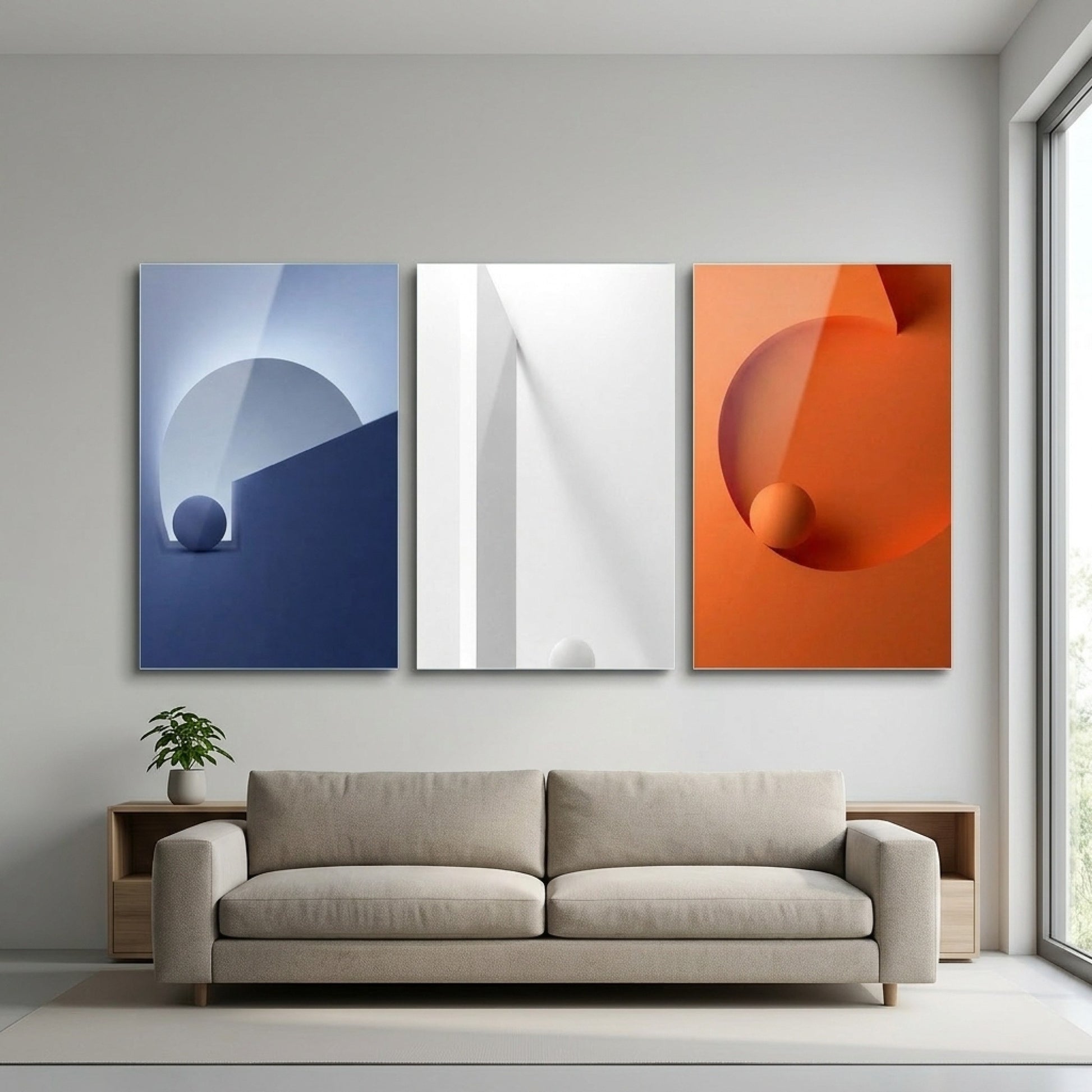 Modern Geometrik Formlar Seti Dikey 3'lü Set Cam Tablo