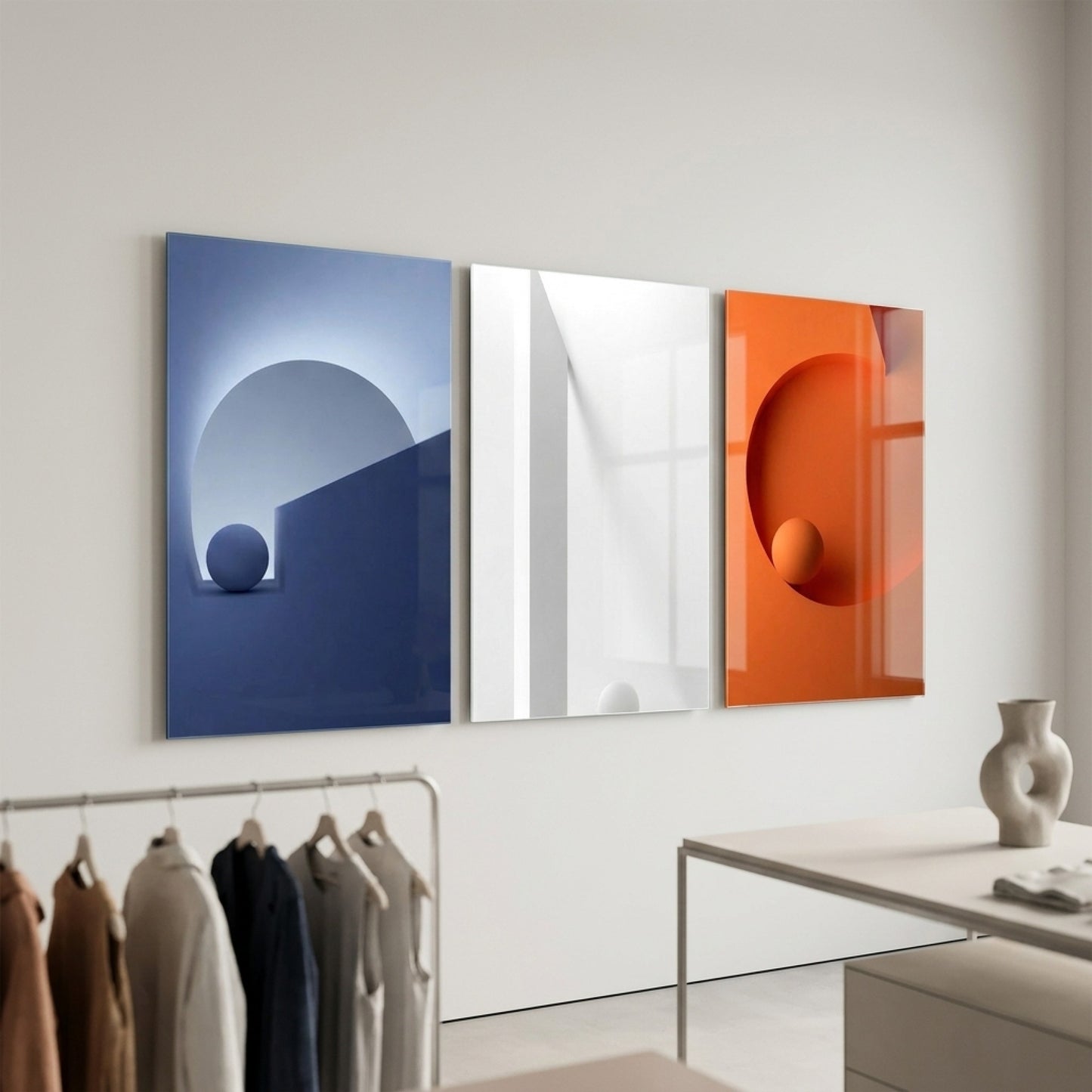 Modern Geometrik Formlar Seti Dikey 3'lü Set Cam Tablo
