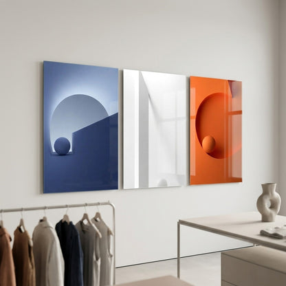 Modern Geometrik Formlar Seti Dikey 3'lü Set Cam Tablo