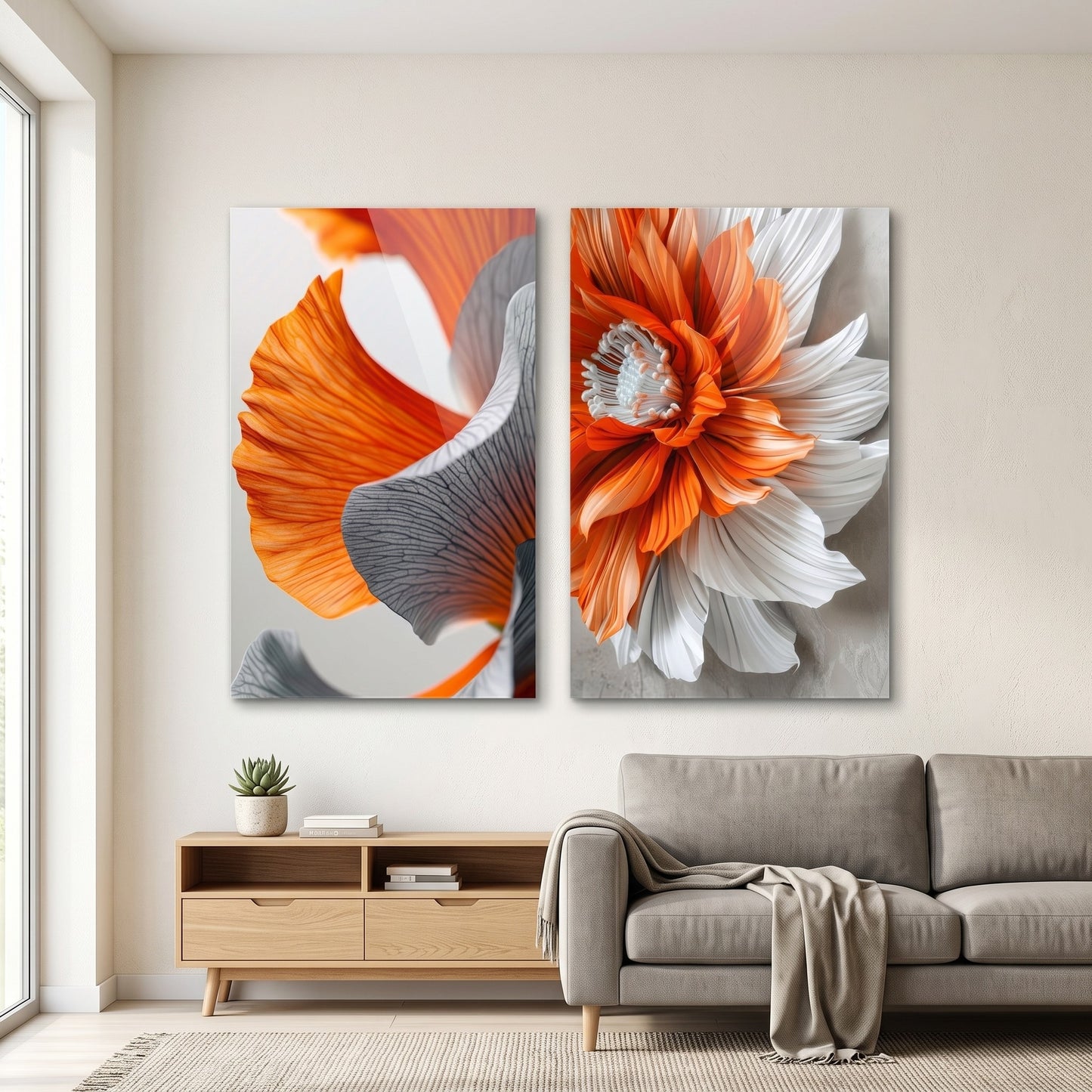 Modern Soyut Çiçek Dokusu 2 Parçalı Set Dikey 2'li Set Cam Tablo