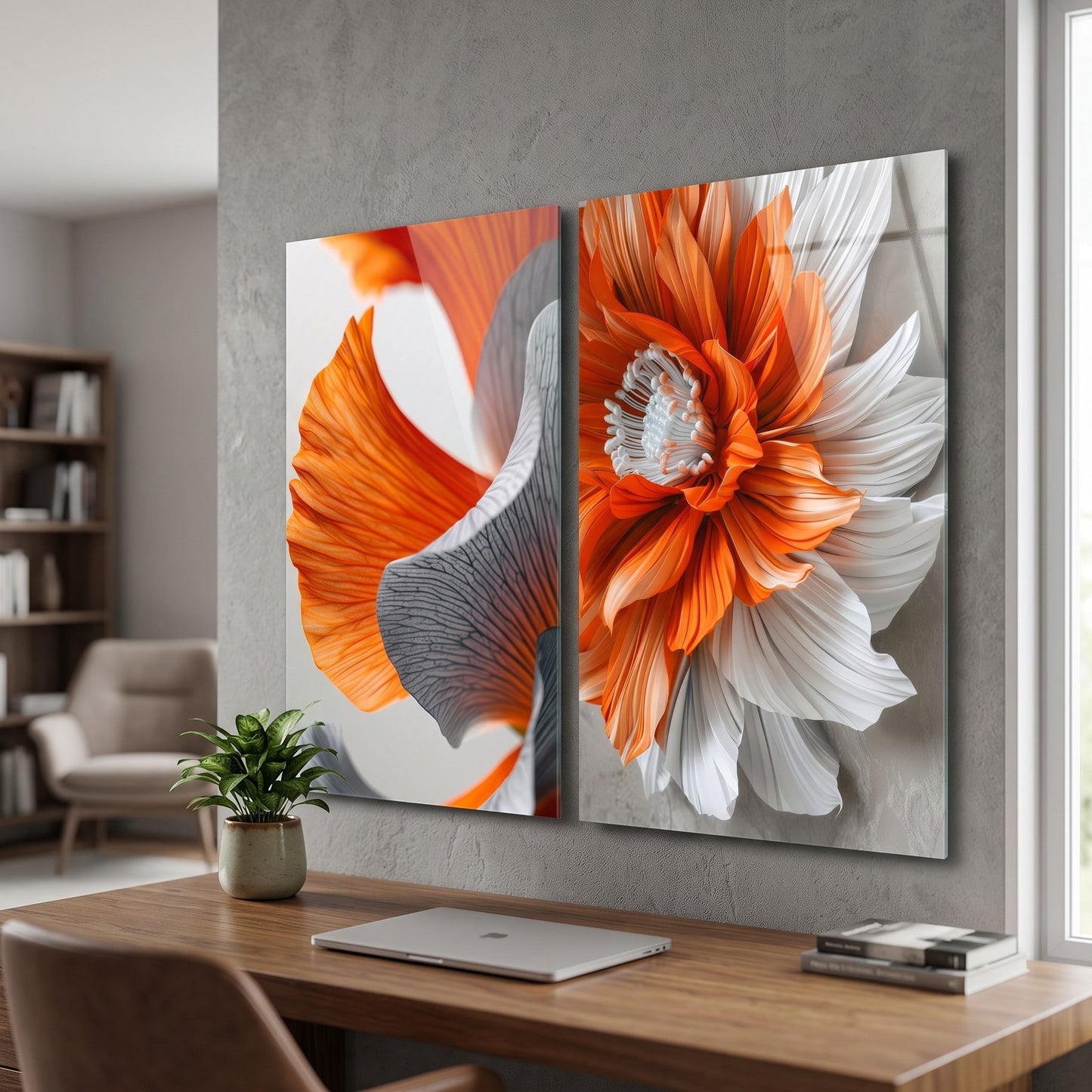 Modern Soyut Çiçek Dokusu 2 Parçalı Set Dikey 2'li Set Cam Tablo