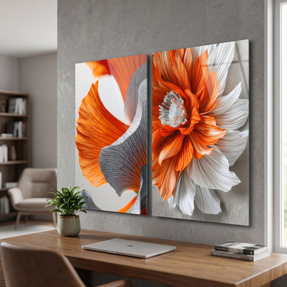 Modern Soyut Çiçek Dokusu 2 Parçalı Set Dikey 2'li Set Cam Tablo